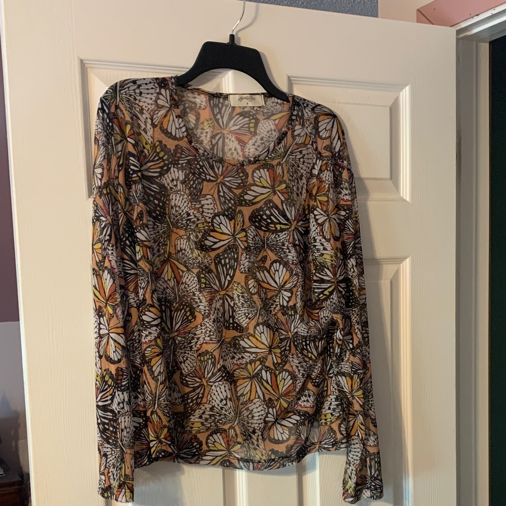 Sheer Floral Butterfly Long-Sleeve Top - Black & Tan size B